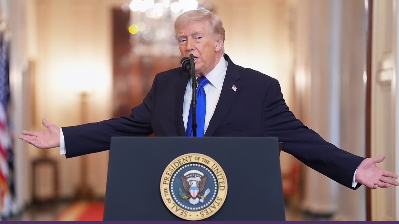 Donald Trump delivering speech at White House podium