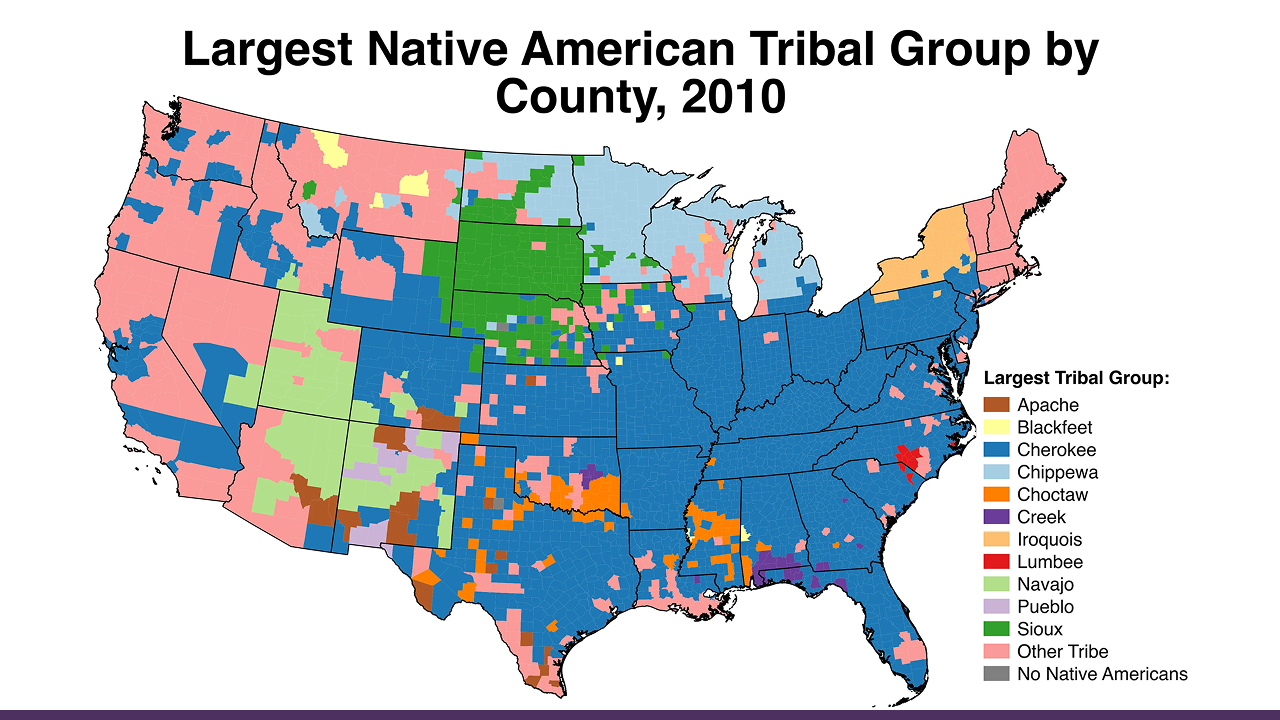 Map showing the largest Native American tribal group by county across the United States in 2010, with color-coded regions representing tribes such as Cherokee, Navajo, Sioux, Chippewa, Apache, and others