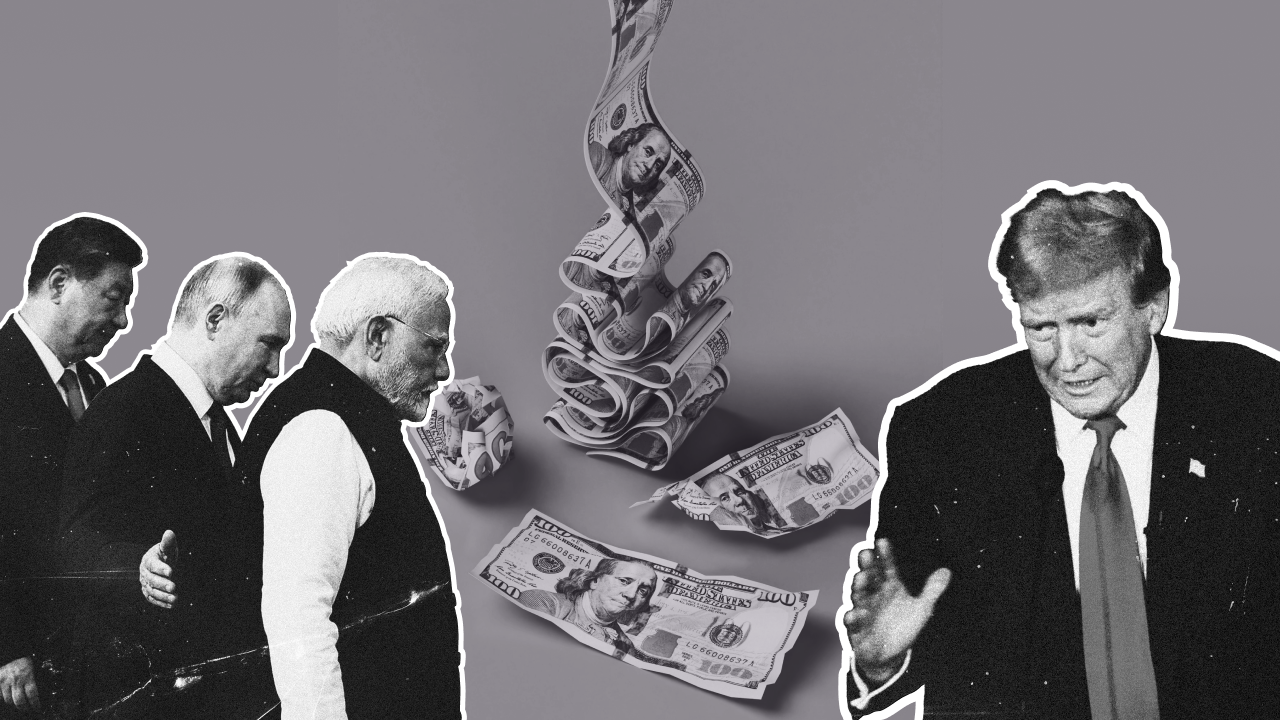 Illustration of BRICS leaders alongside Donald Trump with US dollar bills symbolizing global trade tensions and de-dollarization