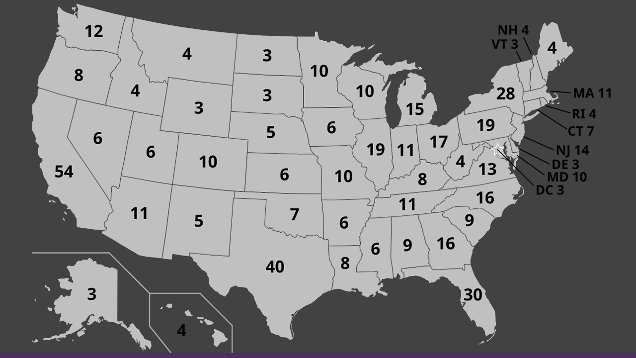 The number of electoral votes, out of 538, allocated to each state and Washington, D.C., for presidential elections held in 2024 and 2028