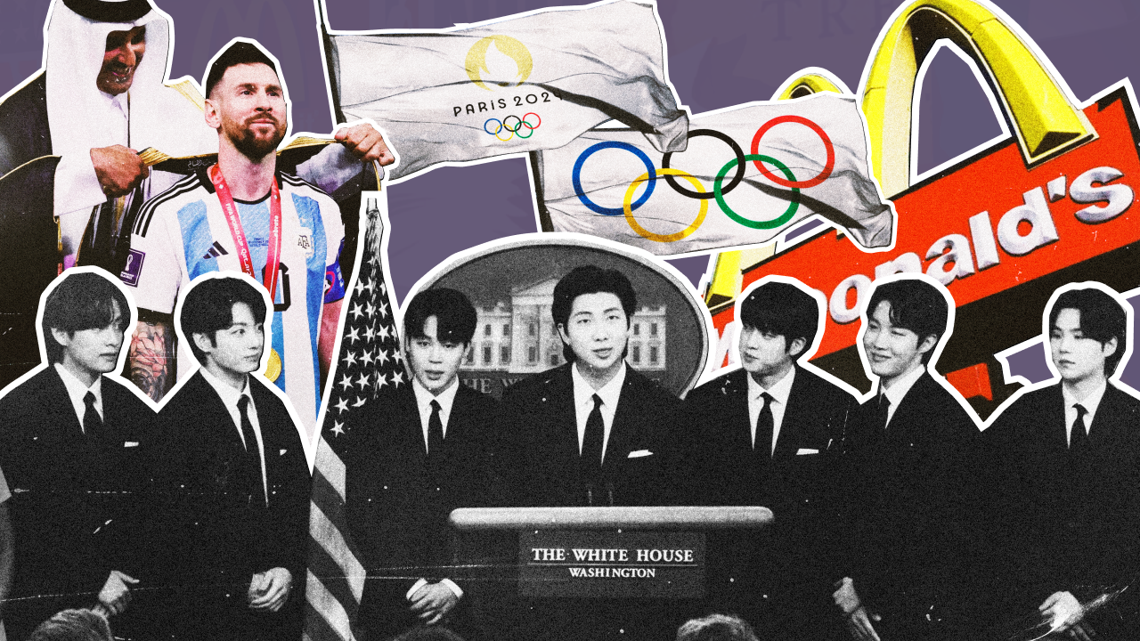 Symbolizing global soft power through culture, sports, diplomacy, and branding.