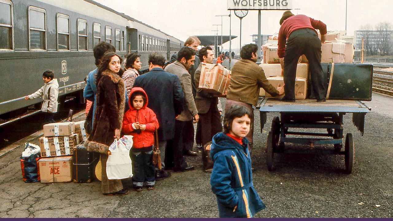 Italian guest workers at Wolfsburg train station, returning to Germany after the Christmas vacation in 1972, during the era of labor migration