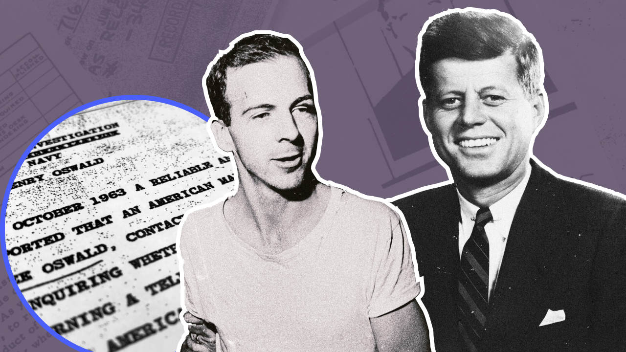 Lee Harvey Oswald and President John F. Kennedy with a declassified government document referencing Oswald in the center.