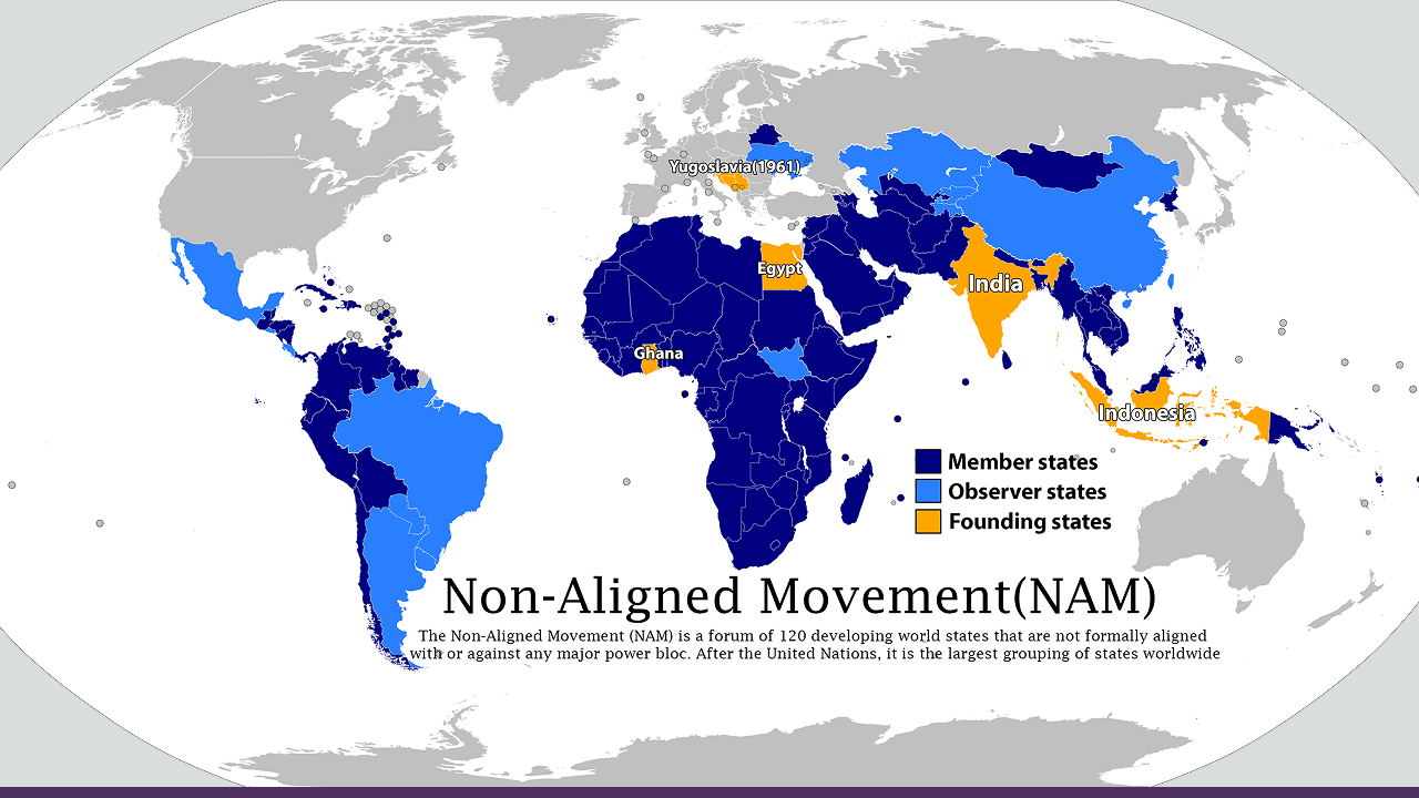 Representation of member, observer, and founding states of the Non-Aligned Movement (NAM), highlighting global participation from Asia, Africa, Latin America, and the Middle East