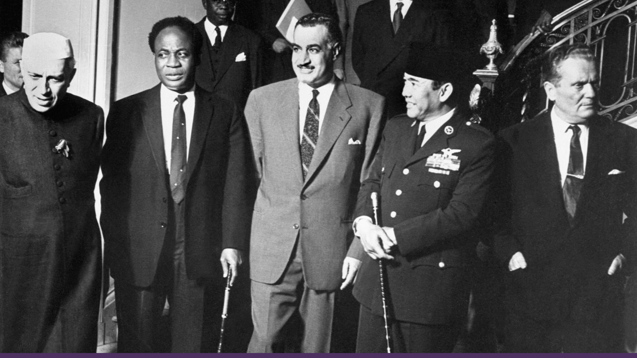 Founding leaders of the Non-Aligned Movement, Nehru, Nkrumah, Nasser, Sukarno, and Tito, during the 1961 Belgrade Summit