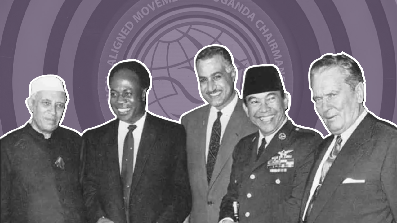 Founding leaders of the Non-Aligned Movement—Nehru, Nkrumah, Nasser, Sukarno, and Tito—posing together in a historic photograph